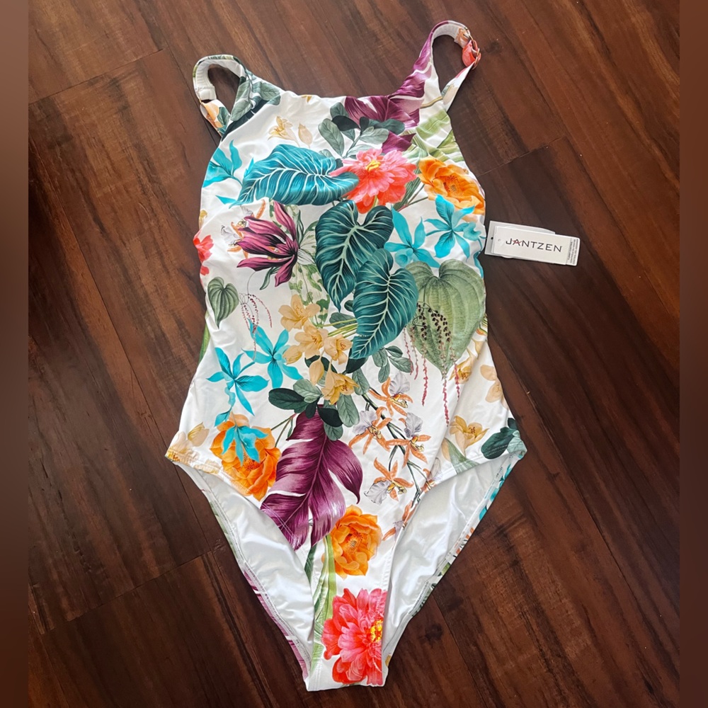 New Jantzen woman One-Piece Swimsuit in White with Tropical Floral Print size 12